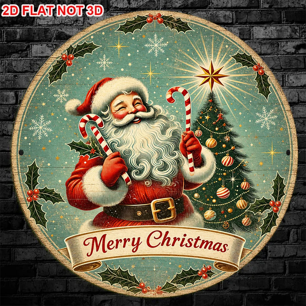 2D Flat, 1pc 1pcs 8x8in/20x20cm Vintage Santa & Christmas Tree Wall Sign - Round Frameless Suitable for Fireplace Mantel, Tablet