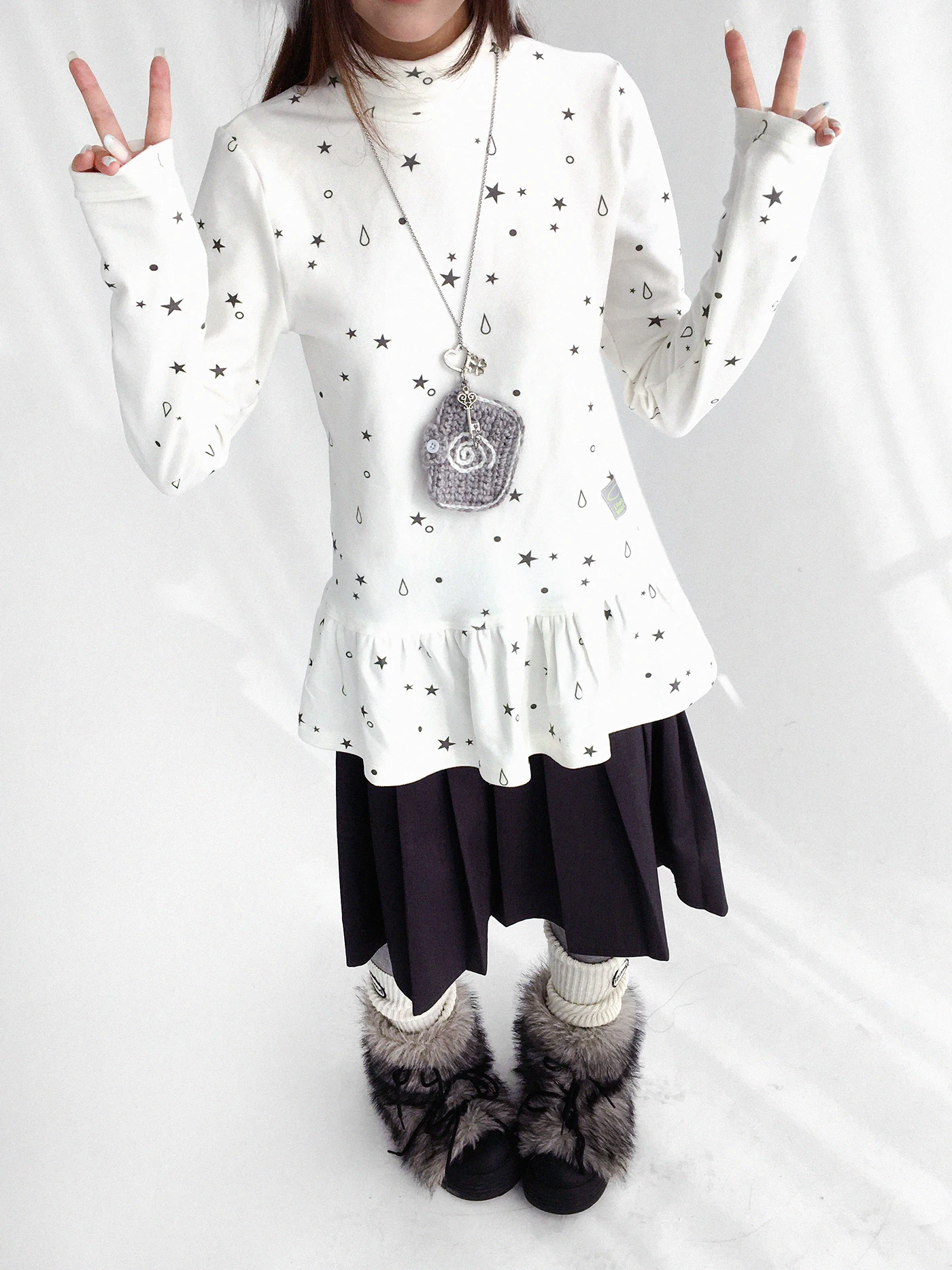 

High Collar Long Sve T-irt Women's Base Layer Velvet Striped Tear Star Print Daily Wear Stand Fit Ladies Top