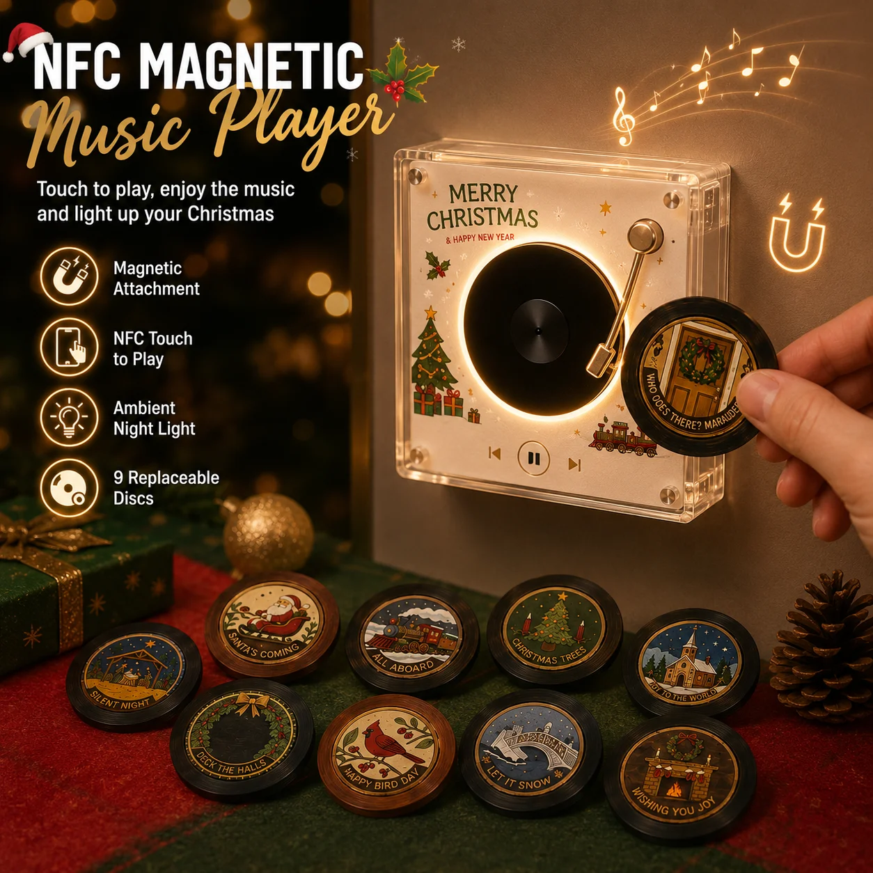 Weihnachts-NFC-Automatik-Singender Magnetischer Kühlschrankmagnet mit 9 Auswechselbaren Rotierenden Scheiben, Nachtlicht, Kühlschrankdekoration, Weihnachtsgeschenk