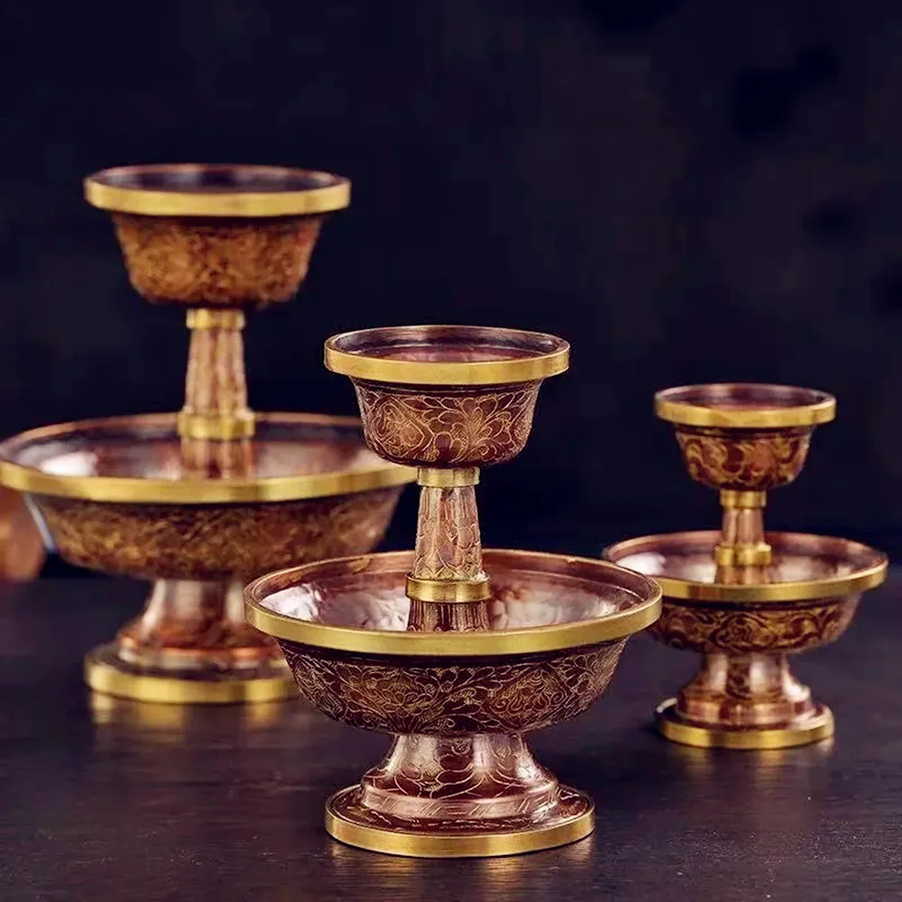 

Nepal Guardian Manza Engraving Gosang Flower Tibetan Bronze Plate,2 Layer Buddhism Altars Holy Water Cup,Buddhist Item Religious