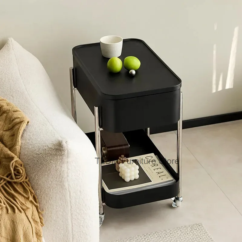 Rolling Side Cart Smooth Metal Support Poles Mobile Storage Trolley with Trays&Casters for Sofa Living Room Household Organizer