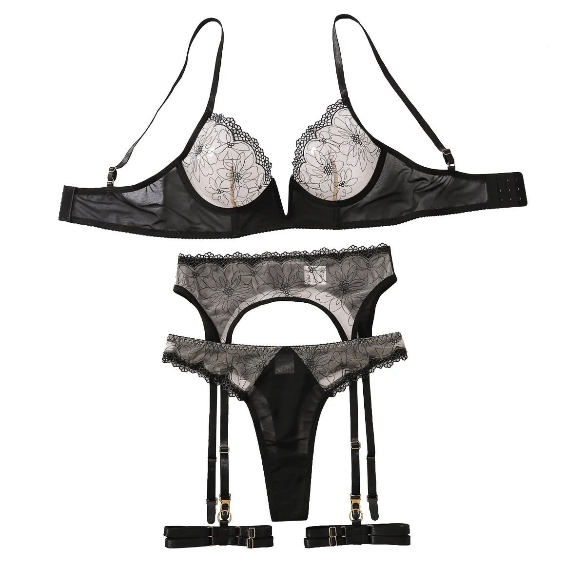 Kleurblokkerend perspectief leuk lichtgewicht mesh borduurwerk sexy lingerieset voor dames doorzichtige bh sexy lingerie