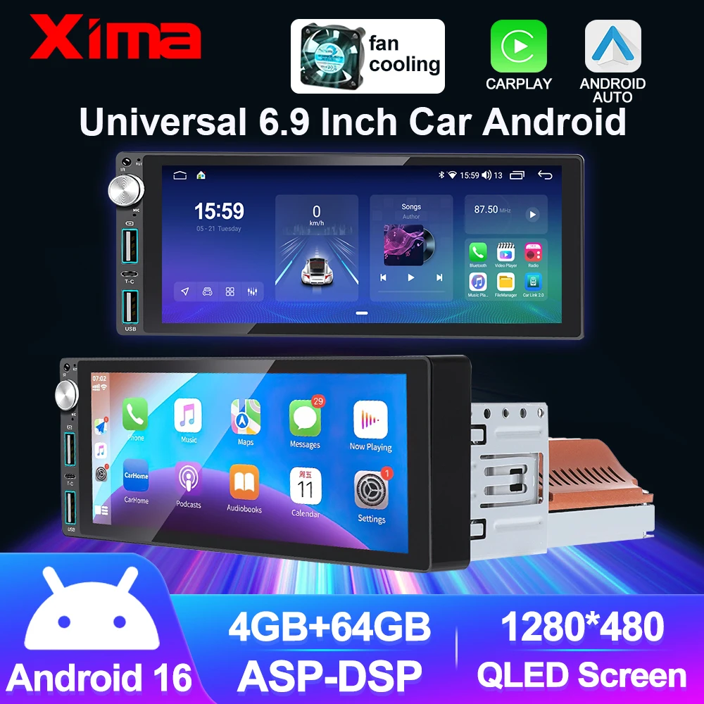 

Автомагнитола LEHX Universal 1din 6.9 дюймов, Android 16, мультимедиа, беспроводной CarPlay, GPS, 1din DVD, QLED экран