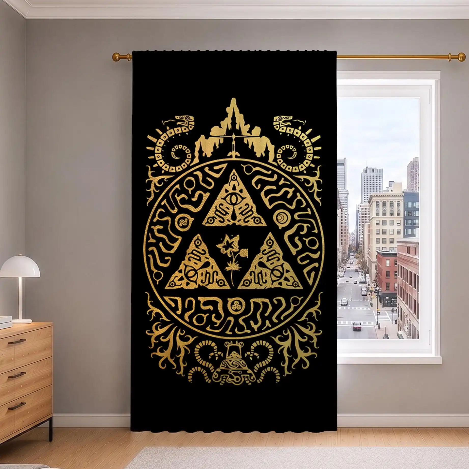 Large Black Bohemian Crystal Pyramid Tapestry Curtain Boho Wall Decor Spiritual Mystical Geometric Art Window Dressing