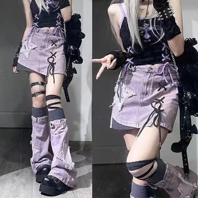 

Niche Fashion High Street Spliced Denim Purple Skirt Vintage Hole Lace Up Design Skirts Grunge Punk Y2k Star Design Leg Warmers