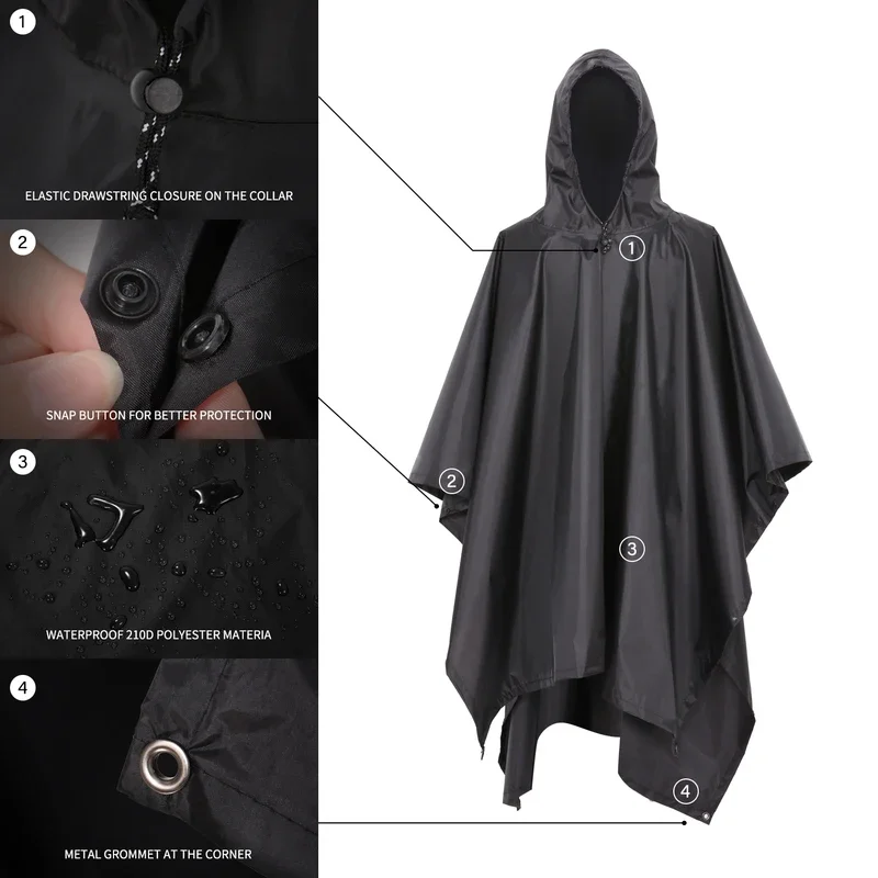 Waterproof Rain Poncho Lightweight Hooded Rain Coat Picnic Mat Blanket Sun Shelter for Outdoor Camping Hiking Cycling Climbing