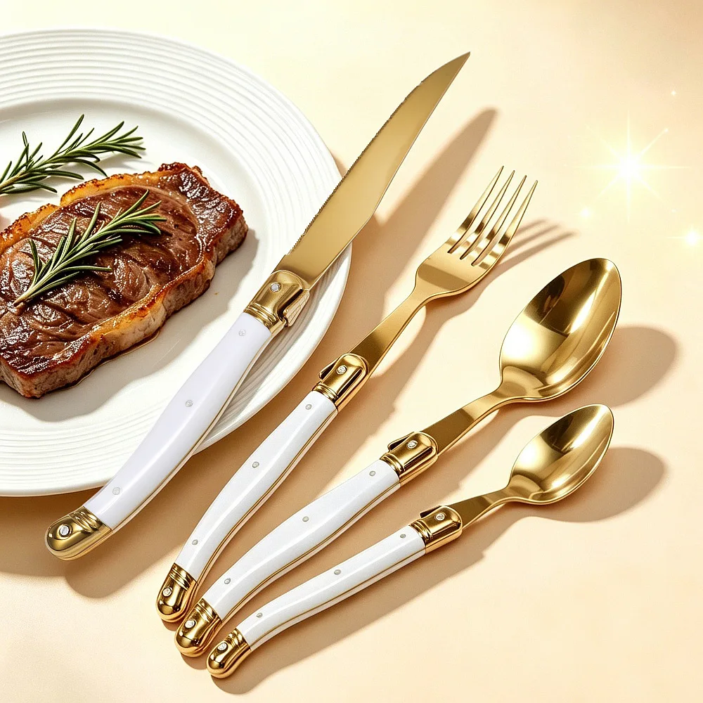 3Pcs Laguiole Luxury Silverware Gold Sharp Blade Wedding Dinnerware Stainless Steel Steak Knives Forks Spoons Utensils