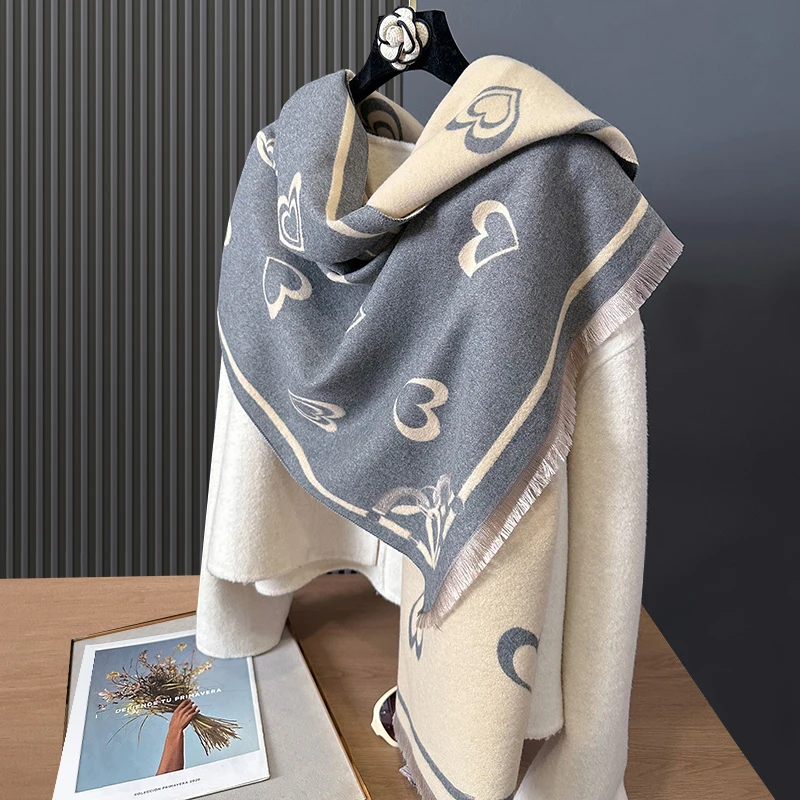 Bufanda-Écharpe épaisse de luxe pour femme, imprimé cœur, style mignon, confortable et chaud, nouveau Pashmina, automne et hiver 2024