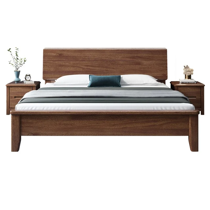 Walnut wood Nordic solid wood bed 1.8m 1.5m modern simple single and double master bedroom small unit high box bed wedding bed