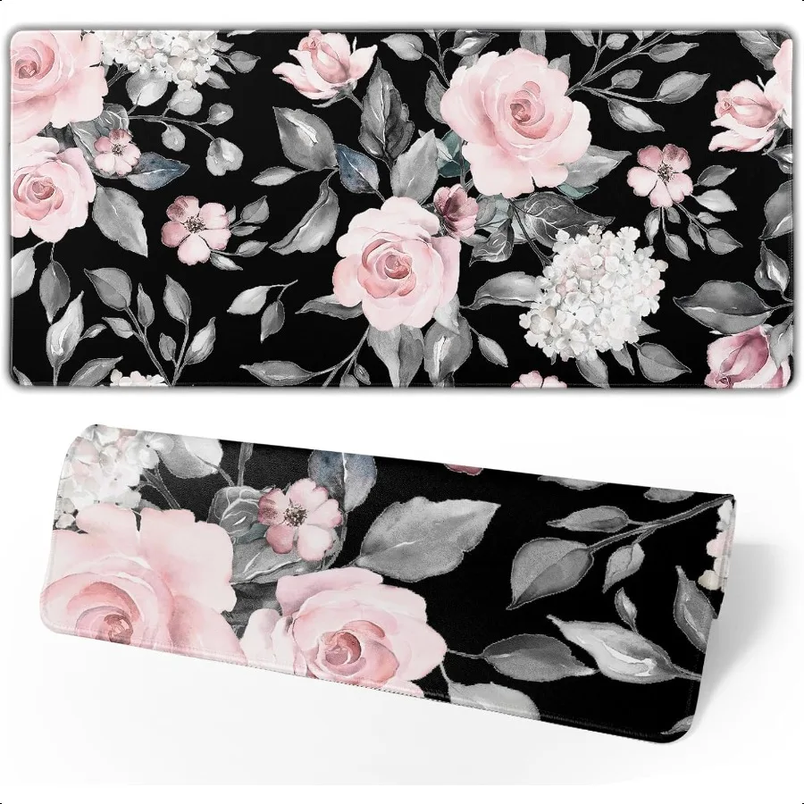 Floral Extended Gaming Mouse Pad NonSlip Rubber Base Black Large Mousepad 31.5x11.8in with Stitched Edge Waterproof Flowers Pad