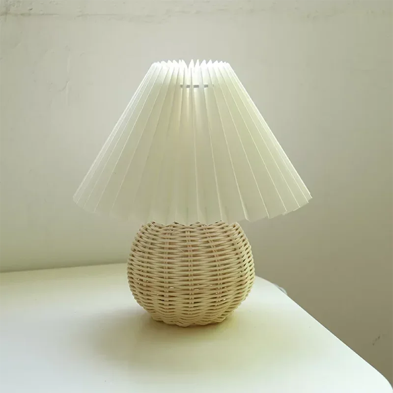 rattan do vintage lampada de mesa coreano lampadas para quarto lampada sala estar luz casa deco criativo plissados lampada com lampada led e27 01