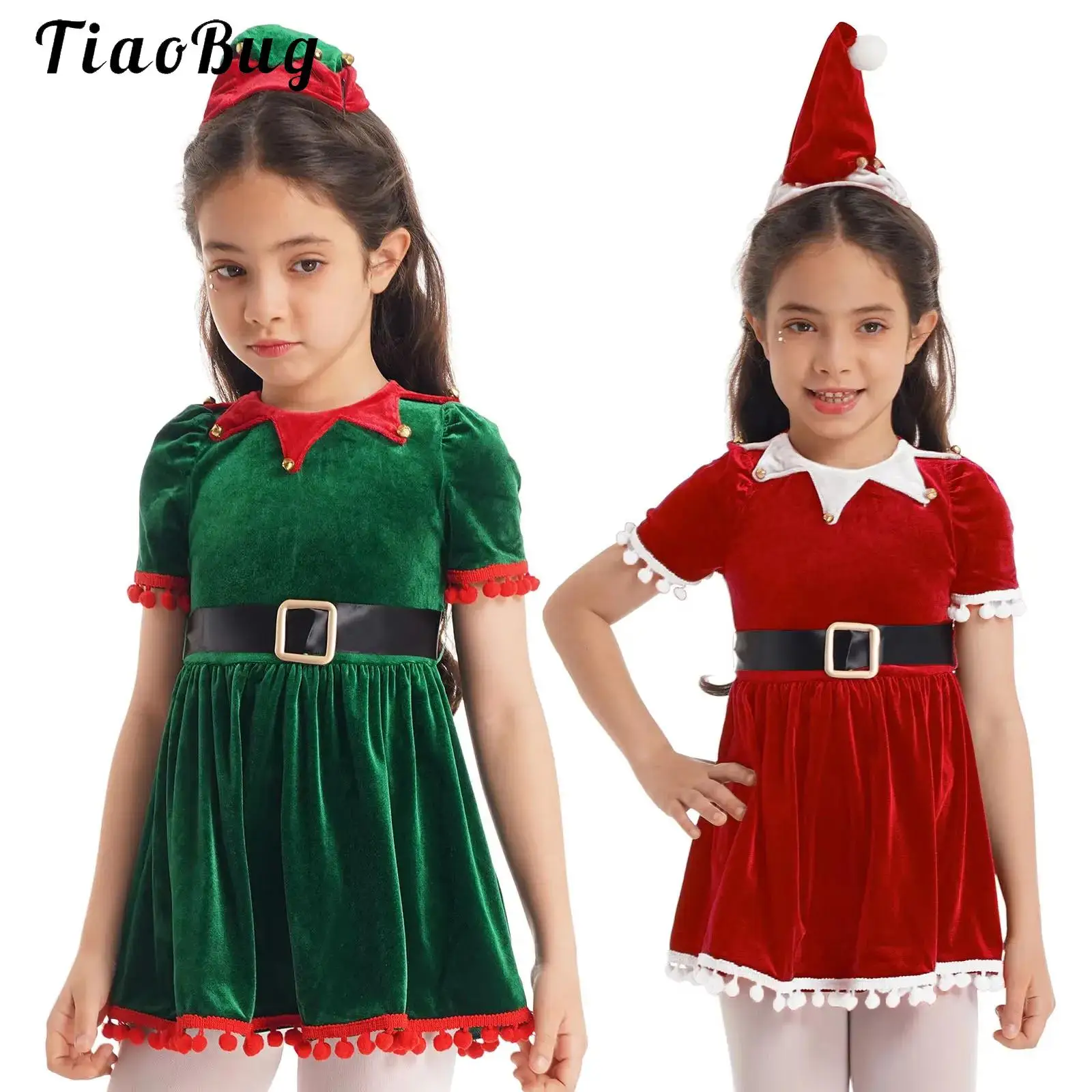 

Christmas Girls Green Velvet Elf Dress+Hat Set for Children Halloween Santa Cosplay Xmas Holiday Party Ballet Tutu Dance Dress