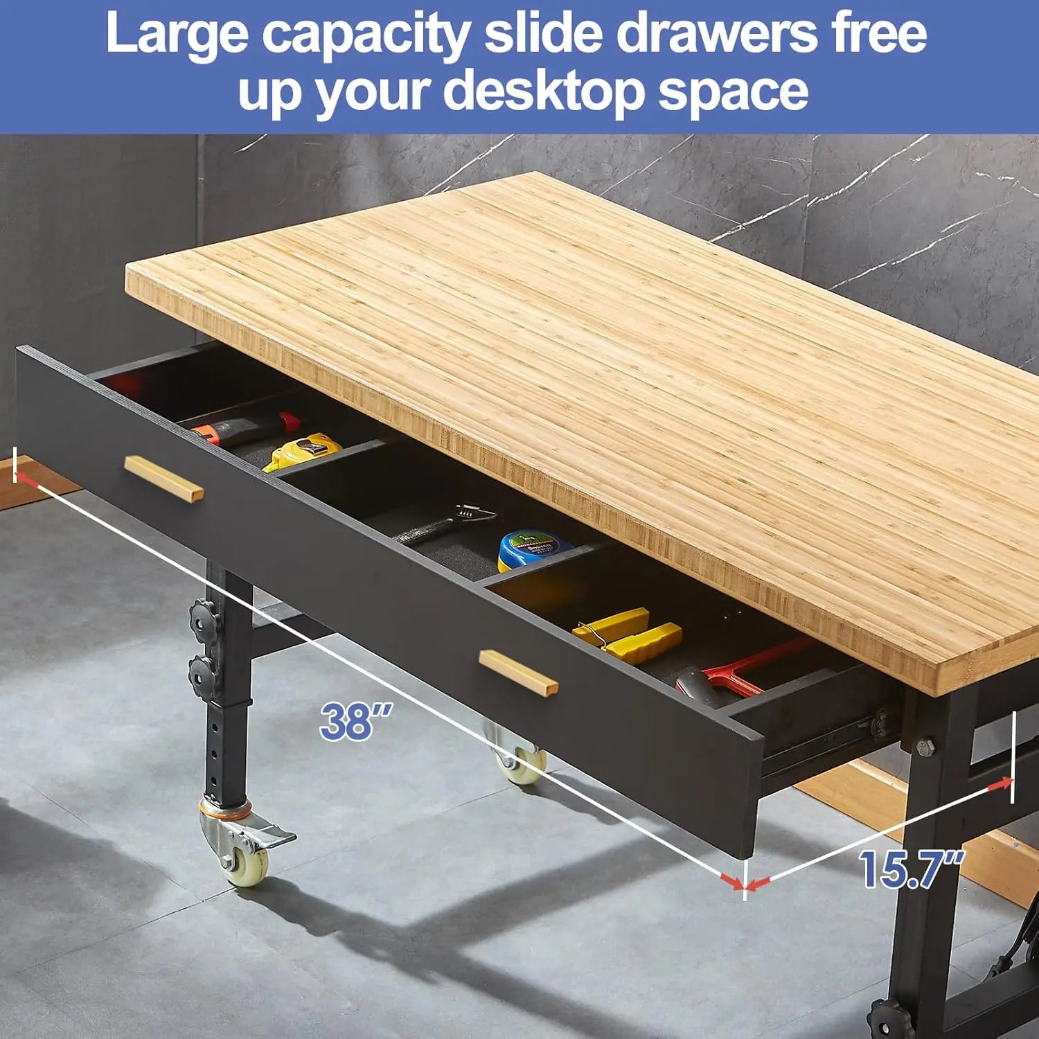 60” Adjustable Workbench, Heavy Duty Bamboo Workbench Garage Work Table, 2700 LBS Load Garage Work Bench