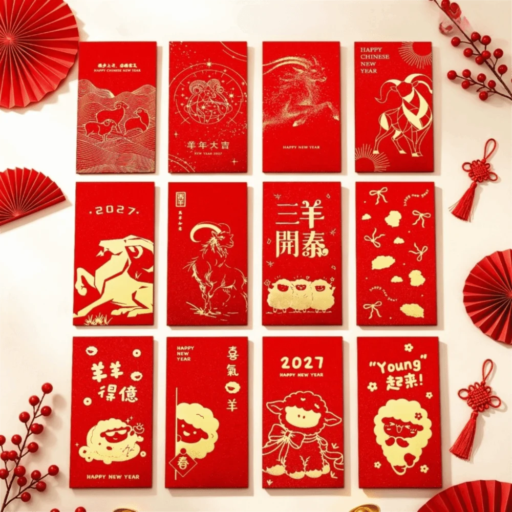 6 Pcs Goat Pattern 2027 Year Red Envelopes Hot Stamping Blessings Printing The Year of The Goat Red Packet Rectangular Thickened
