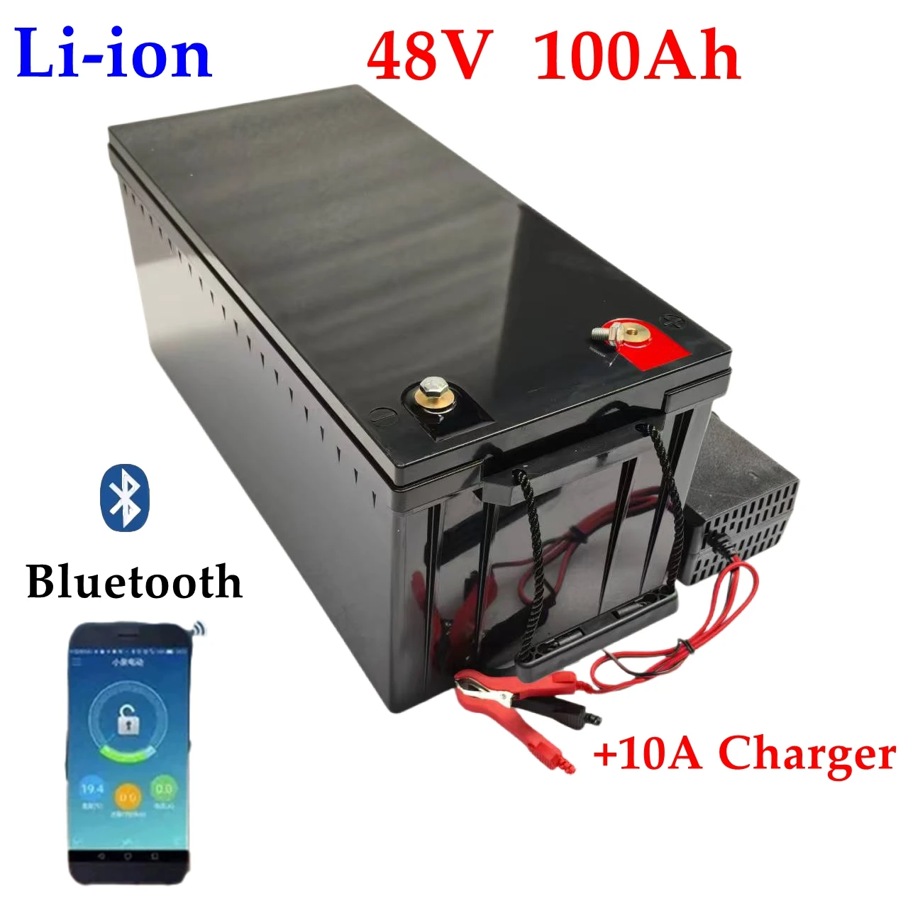 Batterie lithium-ion 48V, 100Ah pour films, avec Bluetooth, 3500/5000W, Go Cart, stockage d'énergie solaire, avec chargeur 10A