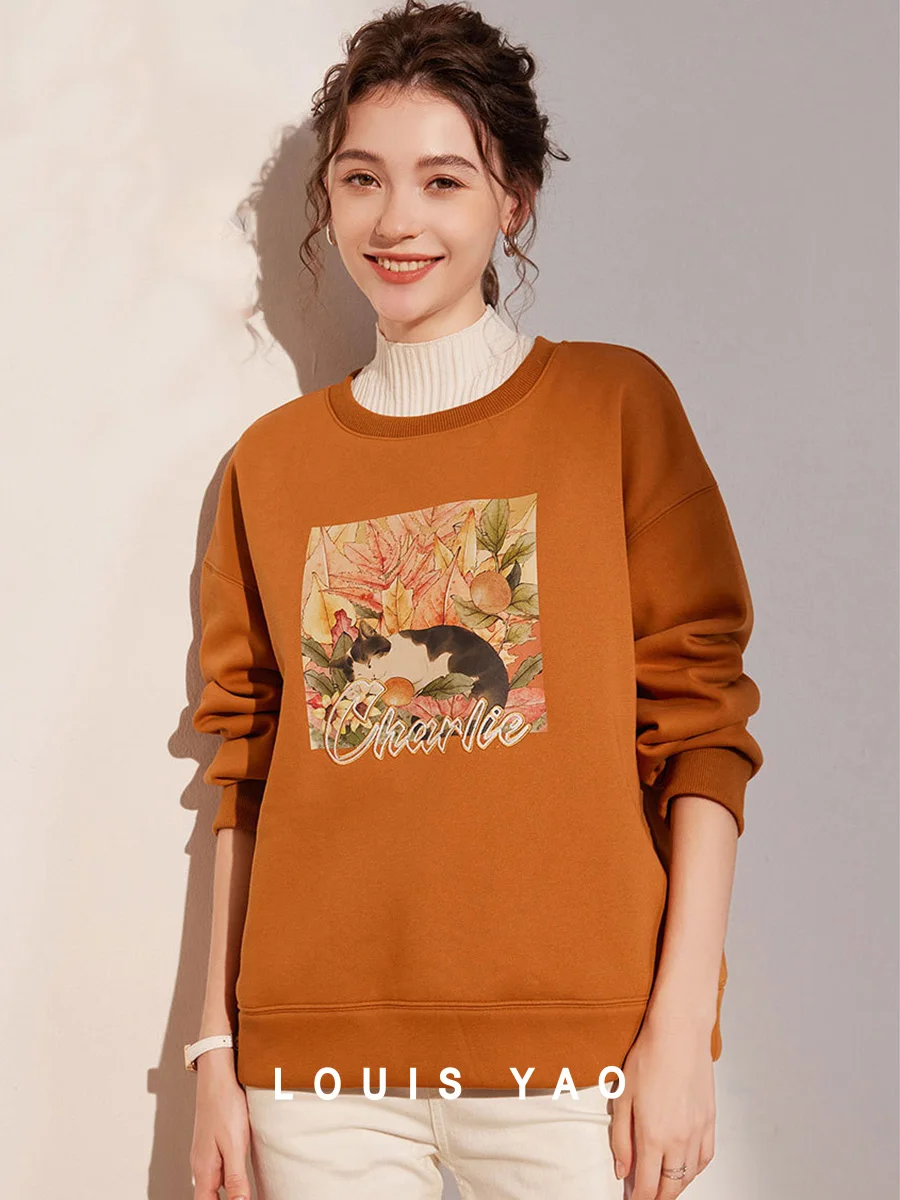 LOUIS YAO 2025 Women's Hoodie with Thick Velvet Micro Elastic Round Neck Printed and Embroidered Loose Shoulder Sleeves