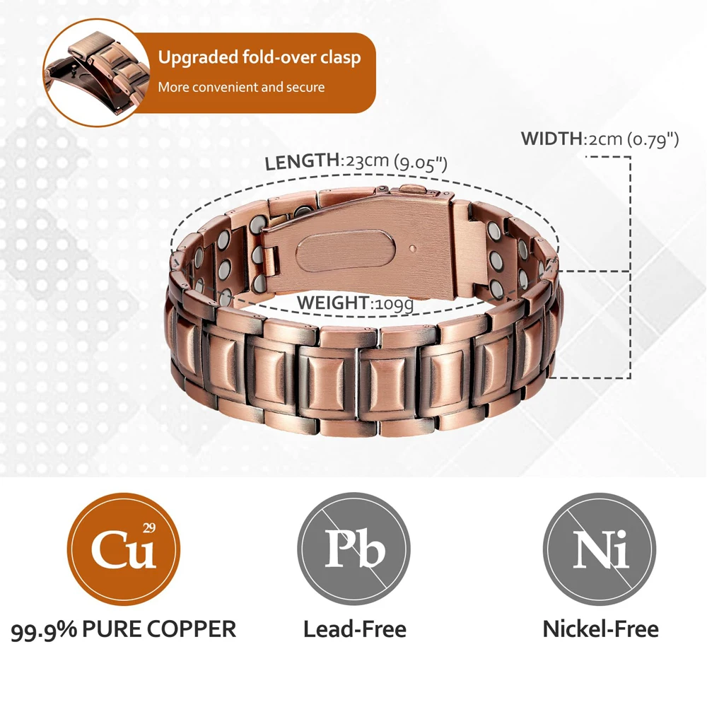 OKtrendy 3X Strength Magnetic Copper Bracelets for Men 3800 Gauss Magnets 99.9% Pure Copper Premium Fold-Over Clasp Adjustable