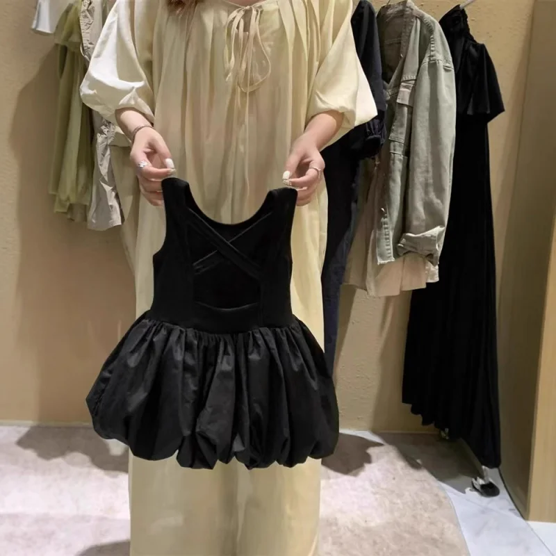 

77371Korean Girls' Backless Little Black Dress Girls' Korean Style Flower Bud Dress Children's Puff Dress Tank Dress