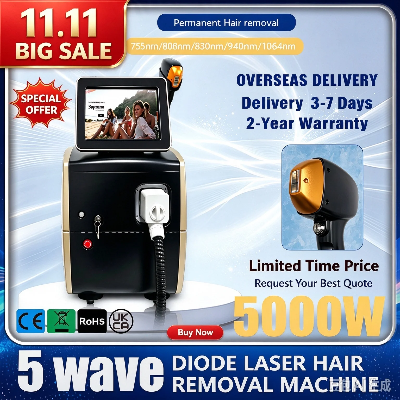 Professional Diode Ice Titanium Laser Hair Removal Machine Portable 808 755 1064 Alexandrite Device 3 Waves Permanent Removal