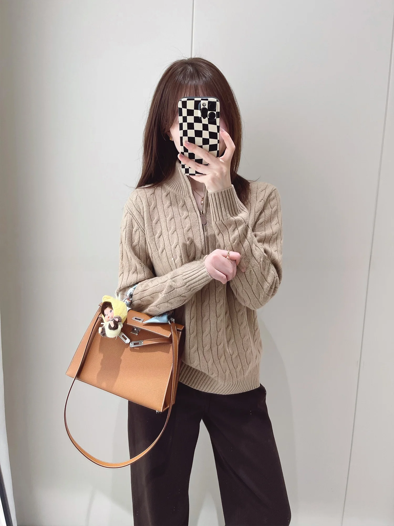 

Soft Milk Tea Color f Zip Knitted Wool Camere Sweater Casual Long Sve Women's Knitted Wool Blend Sweater