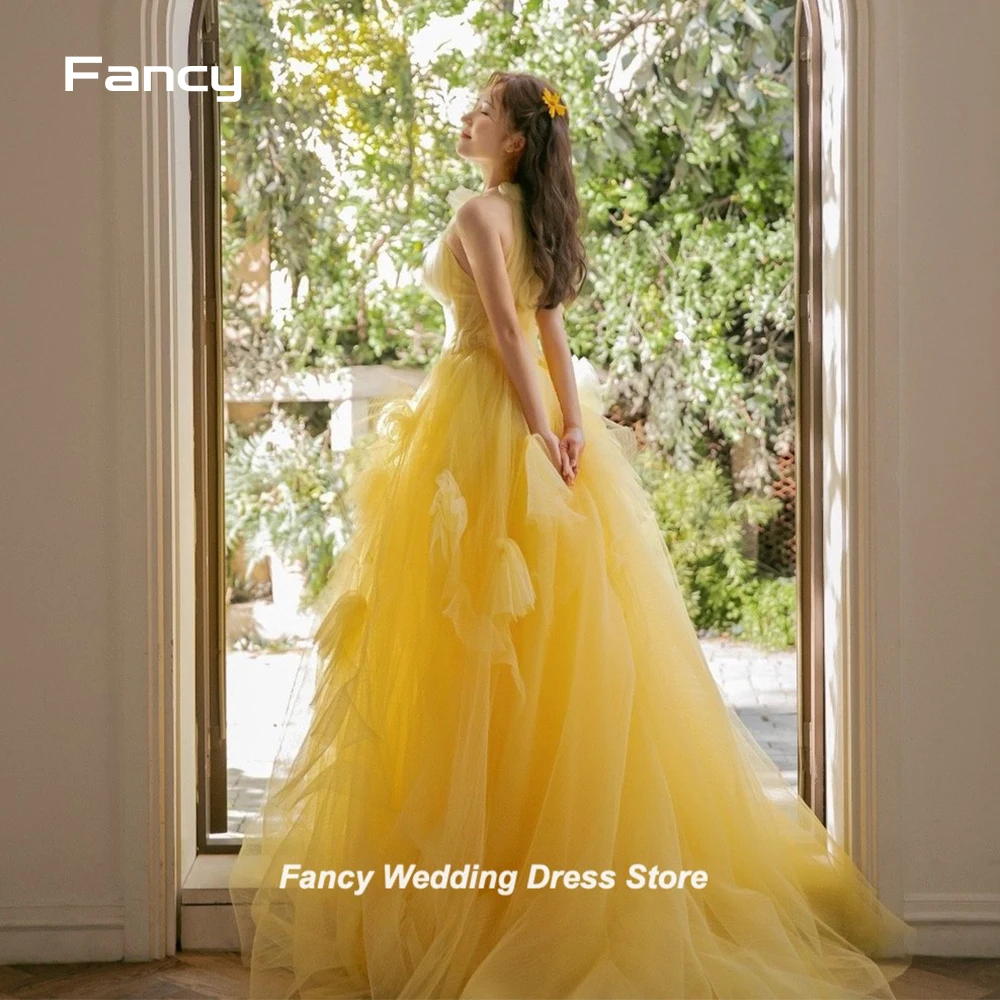 

Fancy Princess High Neck Korea Garden Wedding Dress For Women Photoshoot Soft Tulle Floor Length Bridal Dresses customized