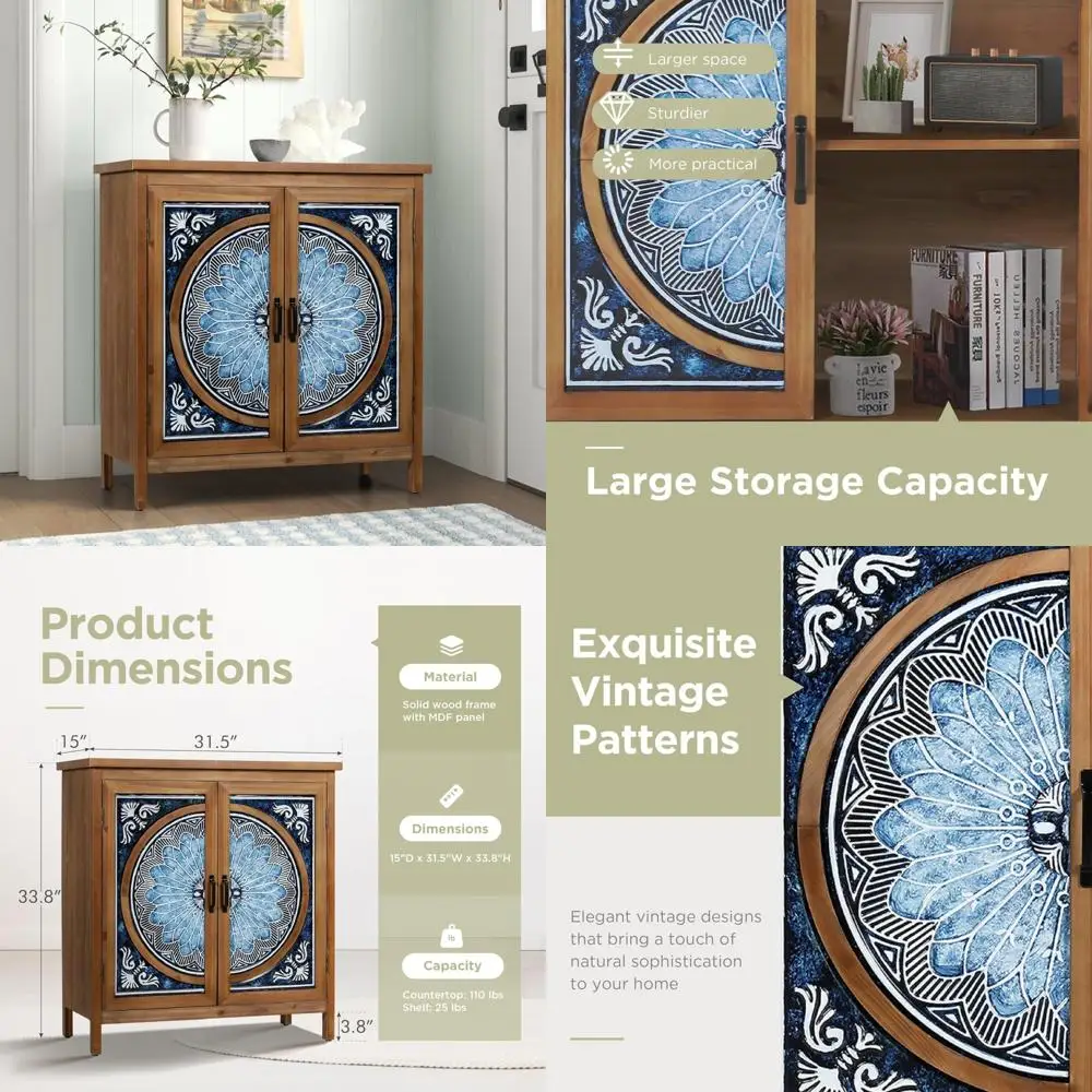 Two-Door Decorative Accent Cabinet with Blue and White Porcelain Design for Entryways and Living Spaces