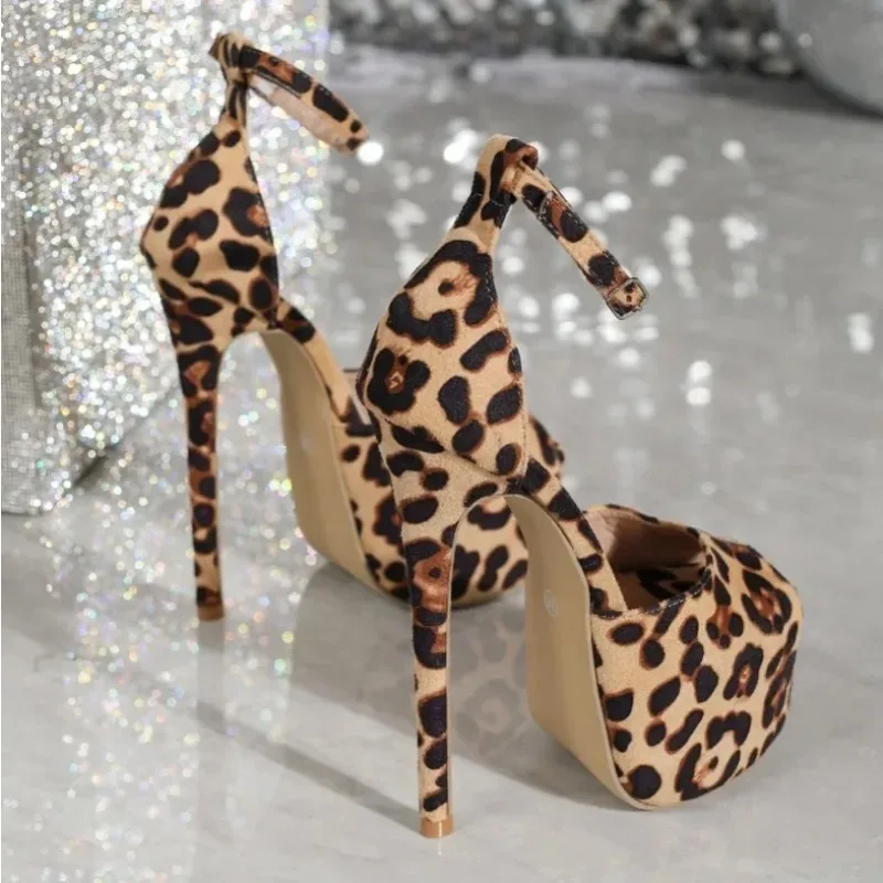 Sandals for Women Platform Party Pumps Flock 16CM Thin Heels Summer Buckle Strap Peep Toe Leopard High HeelsWomen  Sexy