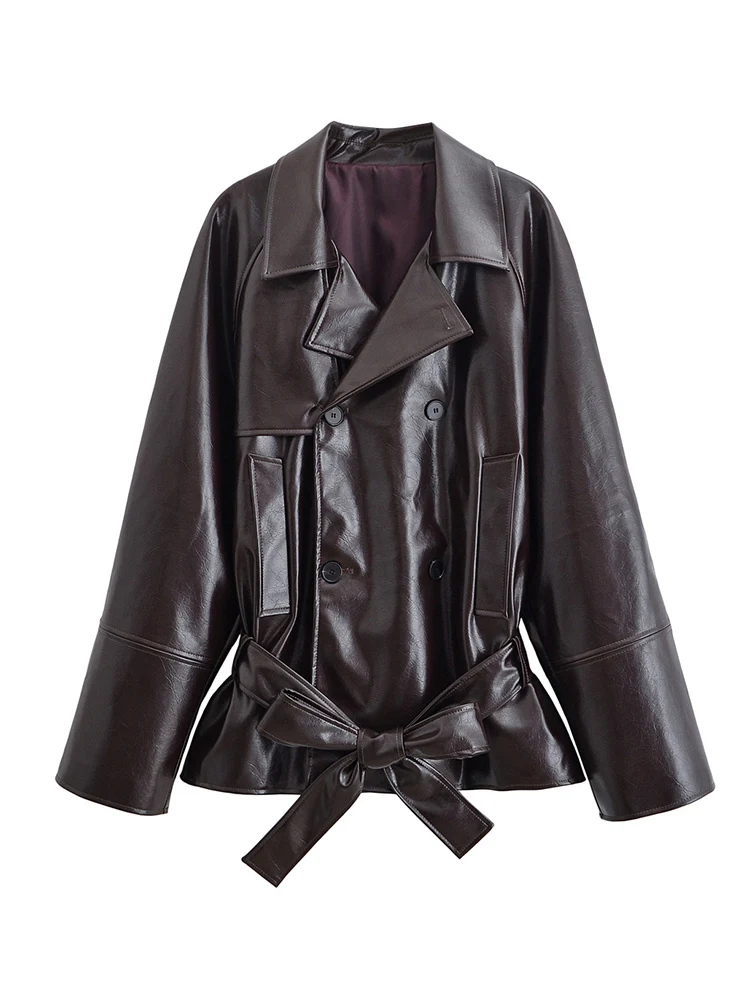 Chaqueta de piel sintética a la moda para mujer, abrigos con cinturón de doble botonadura y cuello vuelto, prendas de vestir informales de calle para otoño 2025