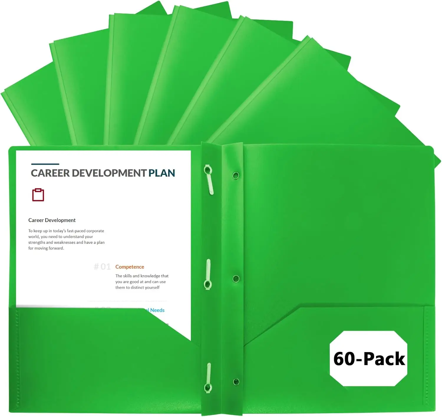 

60-Pack Plastic Folders with Pockets and Prongs, 2-Pocket Poly Folders for School/Office/Home, Green
