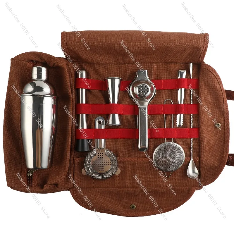 Portable Cocktail Kit Stainless Steel Bar Tool Set with Carry Bag Outdoor Travel Shoulder Bag Bartender Kit Wine Mixing Tools