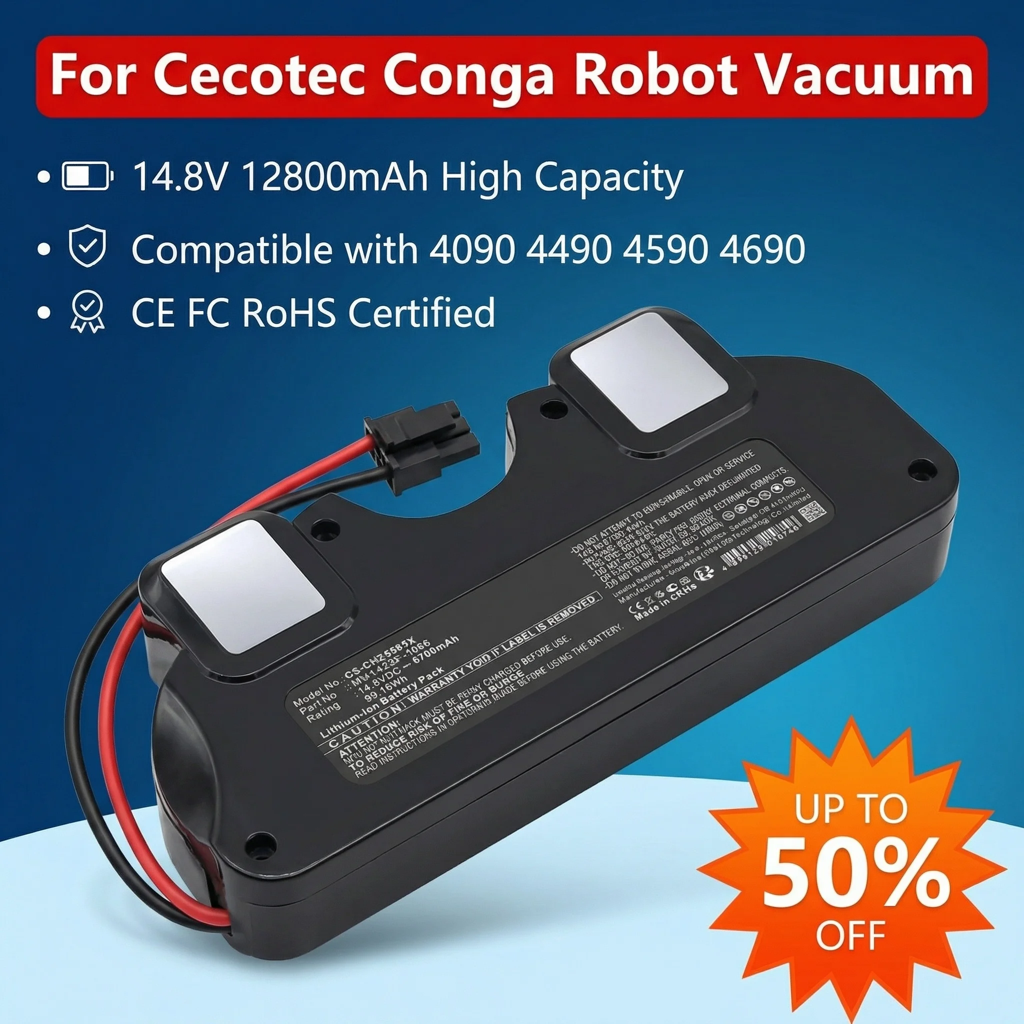 

Replacement Battery for Cecotec Conga Robot Vacuum, 14.8V 12800mAh Li-ion Compatible with 4090 4490 4590 4690