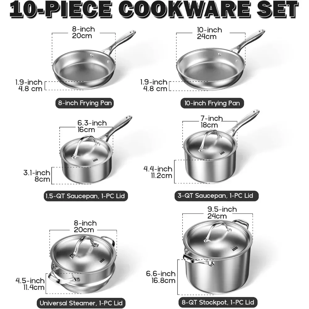 Stainless Steel Kitchen Cookware Sets 10-Piece, Multi-Ply Full Clad Pots and Pans Cooking Set with Stay-Cool Hand