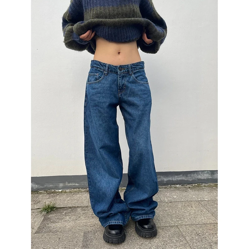 

YIBASHU Autumn Winter Women Blue Denim Pants Low Rise Y2K Baggy Jean Japanese Dark Academia Cowboy Harajuku Grunge Stacked Jeans