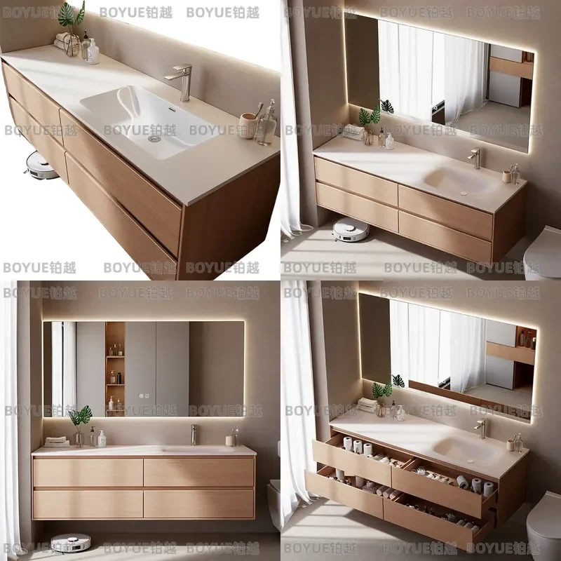 for Log color Modern Simple Bathroom Cabinet Combination Washstand with Hot Bending Integrated Rock Slab Basin