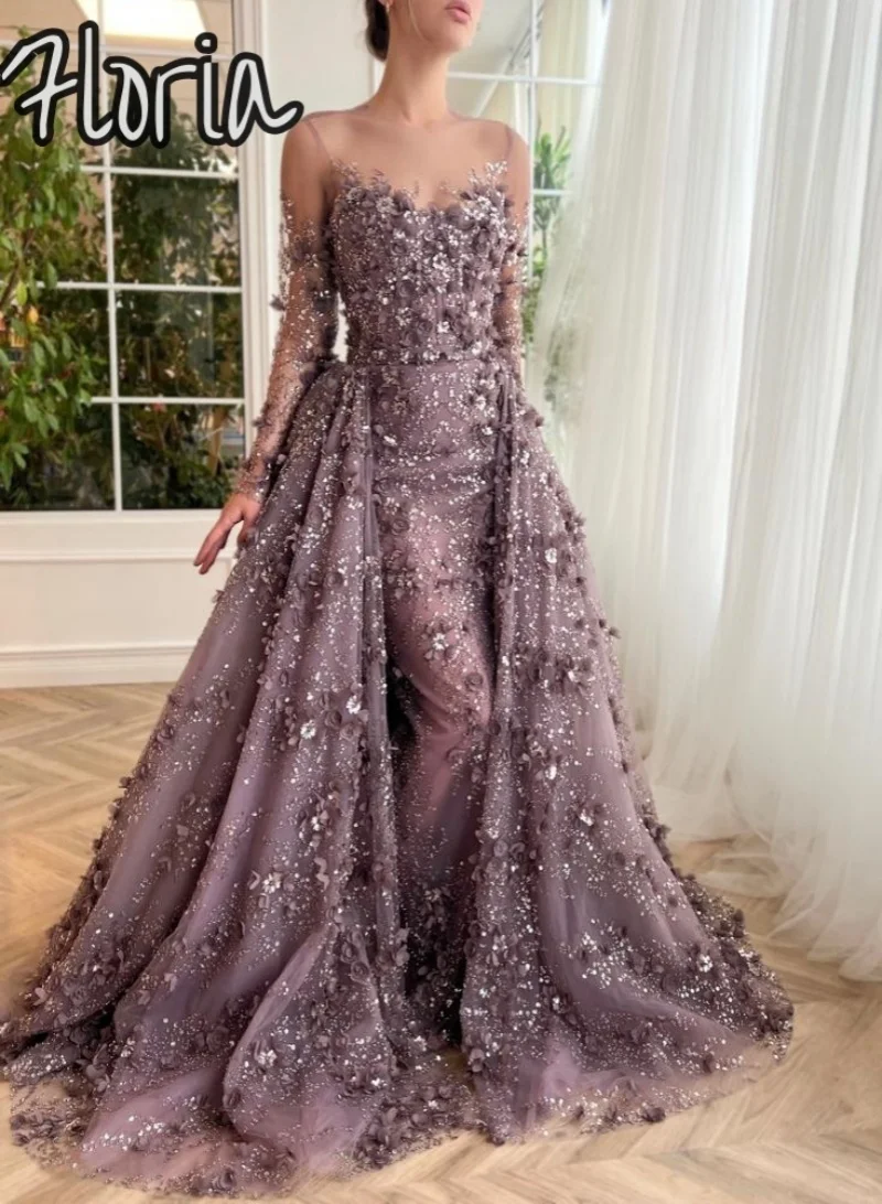 Выполненное на заказ сиреневое кружево с 3D вышивкой цветов Вечерние платья Русалка с длинными рукавами Вечернее платье со съемным шлейфом