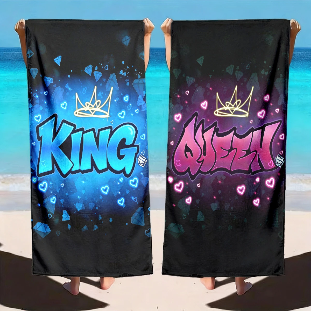 2pcs Couple Matching King & Queen Beach Towels, Luxury Romantic Vacation Beach Towel Sets for Him and Her