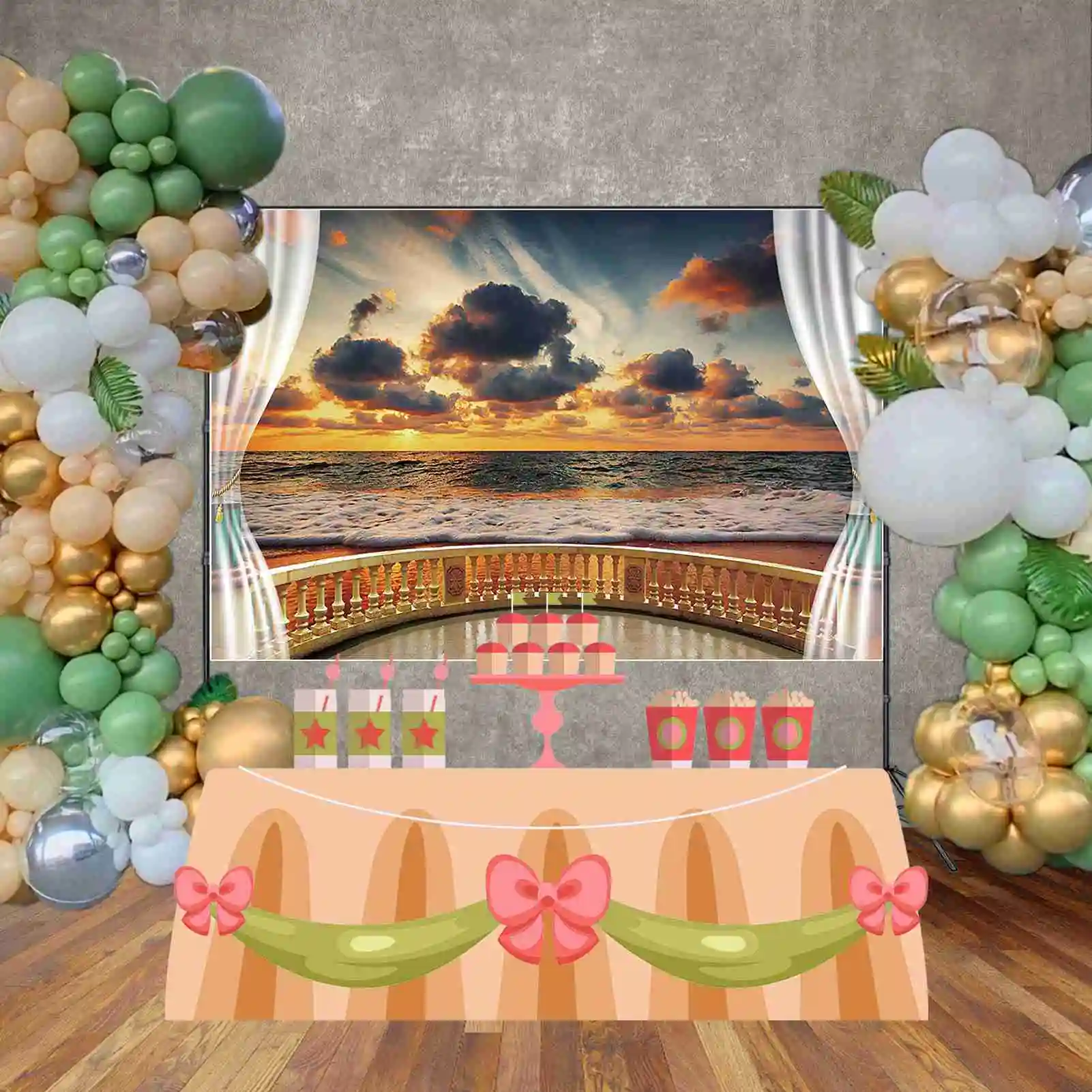 Lua. QG-Sunset Beach Wave Nuvens escuras, adereços de fotografia para adulto, motivos de aniversário masculino, oceano e beira-mar, cortina branca para festa