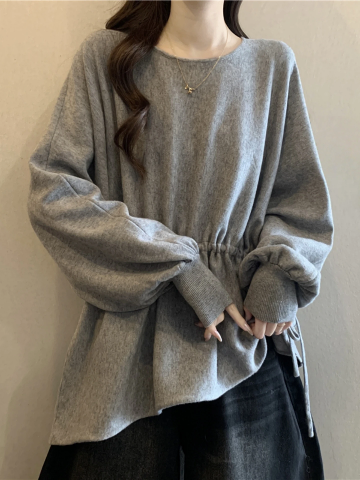 Women's Knitted Off-Season Sweatshirt Drawstring Asymmetrical Design plus Size Slimming Tummy Covering Belted Waist Top