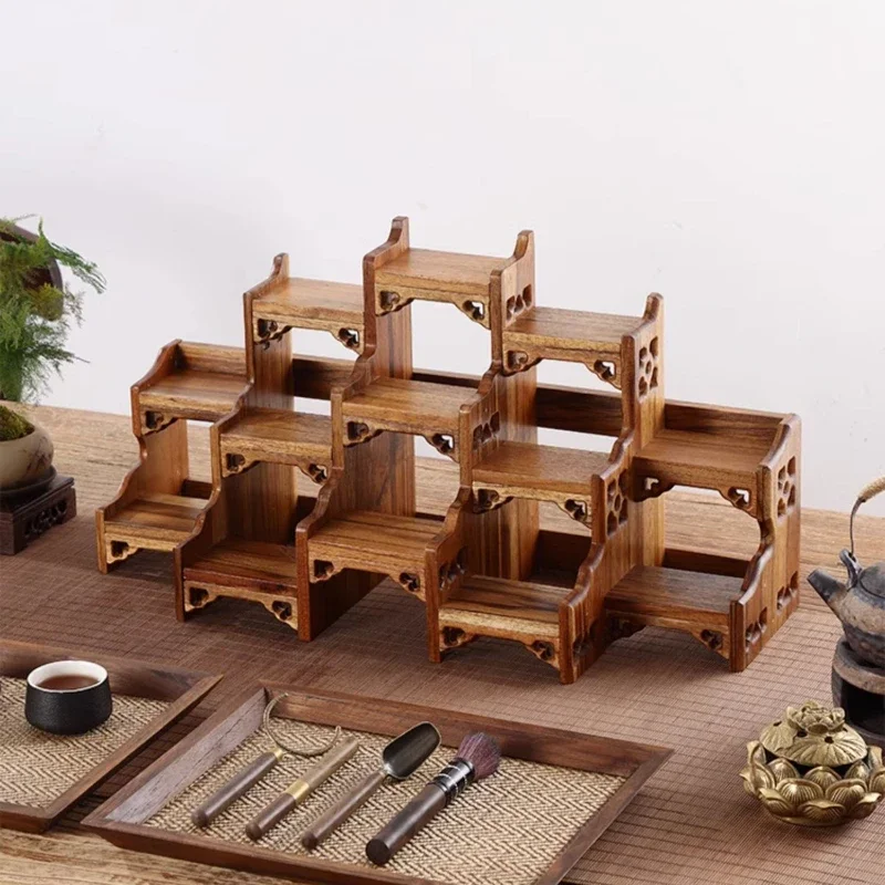 Chinese Style Mahu Rack Small Wood Purple Clay Pot Shelf Thickened Stepped Tea Set, Cup Display, Storage Holders, Desktop Decor