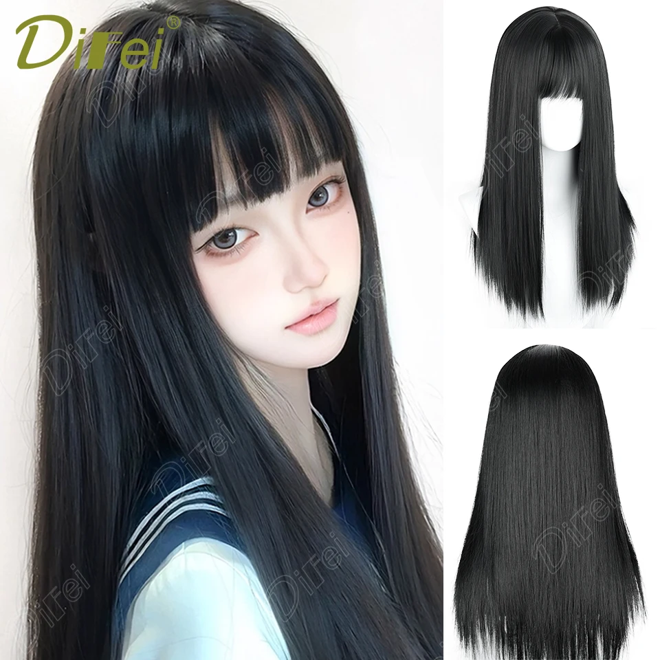 

DIFEI Black Straight Synthetic Lolita Wig Smooth Straight Wig with Bangs Suitable for Women Halloween Christmas Role Playing