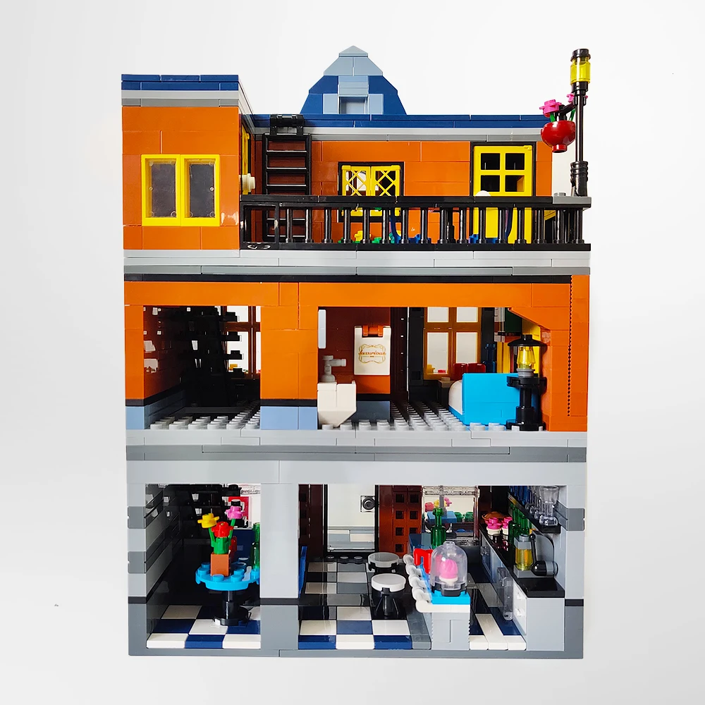 Escena de calle de ciudad, edificios modulares MOC Hill Tavern Architektur, modelo 1367 Uds., bloques de construcción, rompecabezas de ladrillo, juguetes para niños, regalo