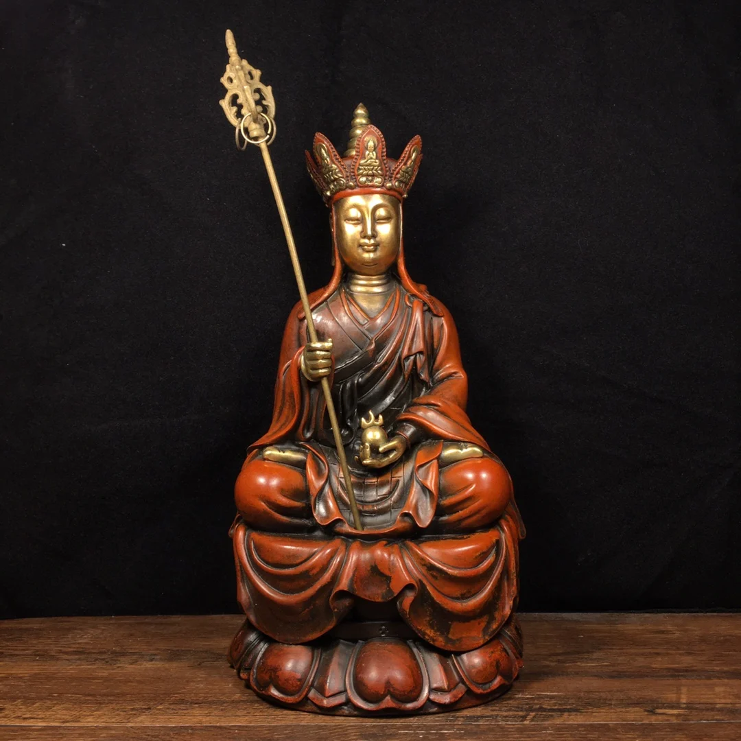 

11"Tibetan Temple Collection Old Bronze Gilded real gold Ksitigarbha Bodhisattva Earth Store King lotus platform worship buddha