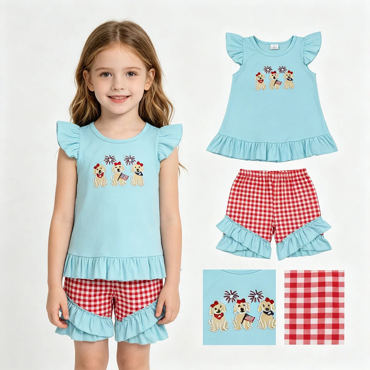 Kids Baby Girl Embroidery Flag Dogs Tunic Checked Ruffle Shorts July 4th Girls Clothes Sets Fashion Children Clothing Wholesale