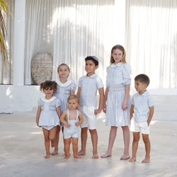 AP Summer Heirloom Gestreifte Kollektion 2025SS Handgefertigtes gesmoktes Kleid für Mädchen, süßes Baby-Mädchen-Set, passende Familienkleidung für Jungen