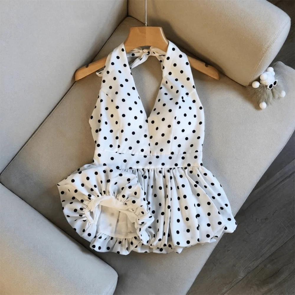 Sexy Neck Hanging Backless Crop Top Dot Pattern Open Back Halter Crop Top Basic Style Sleeveless Tee Summer