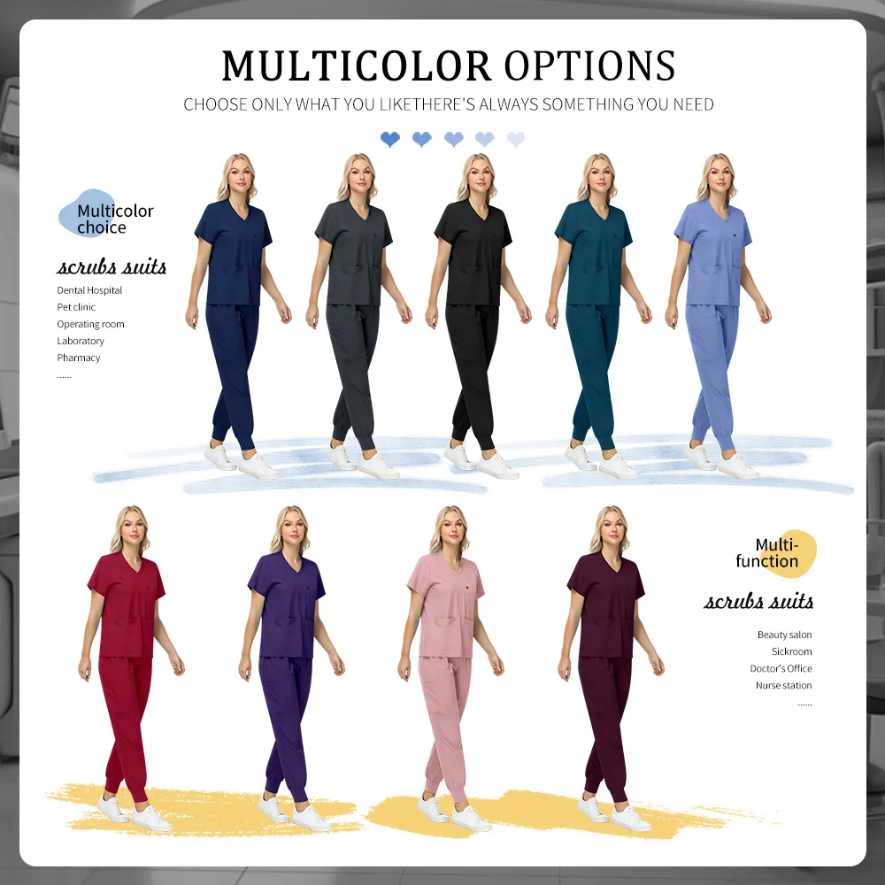 Nurse Uniform Elatic Solid Color Tops Pants Woman Dental Clinic Doctor Work Clothes Pet Hospital Vet Medical Uniforms Scrubs Set