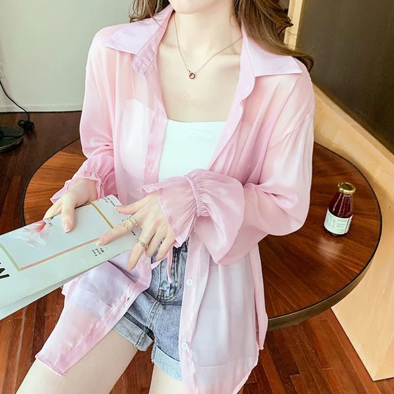 Chiffon Thin Solid Color Cardigan Summer New Long Sleeve Lacing Loose Simplicity Casual Shirt Tops Sweet Fashion Women Clothing