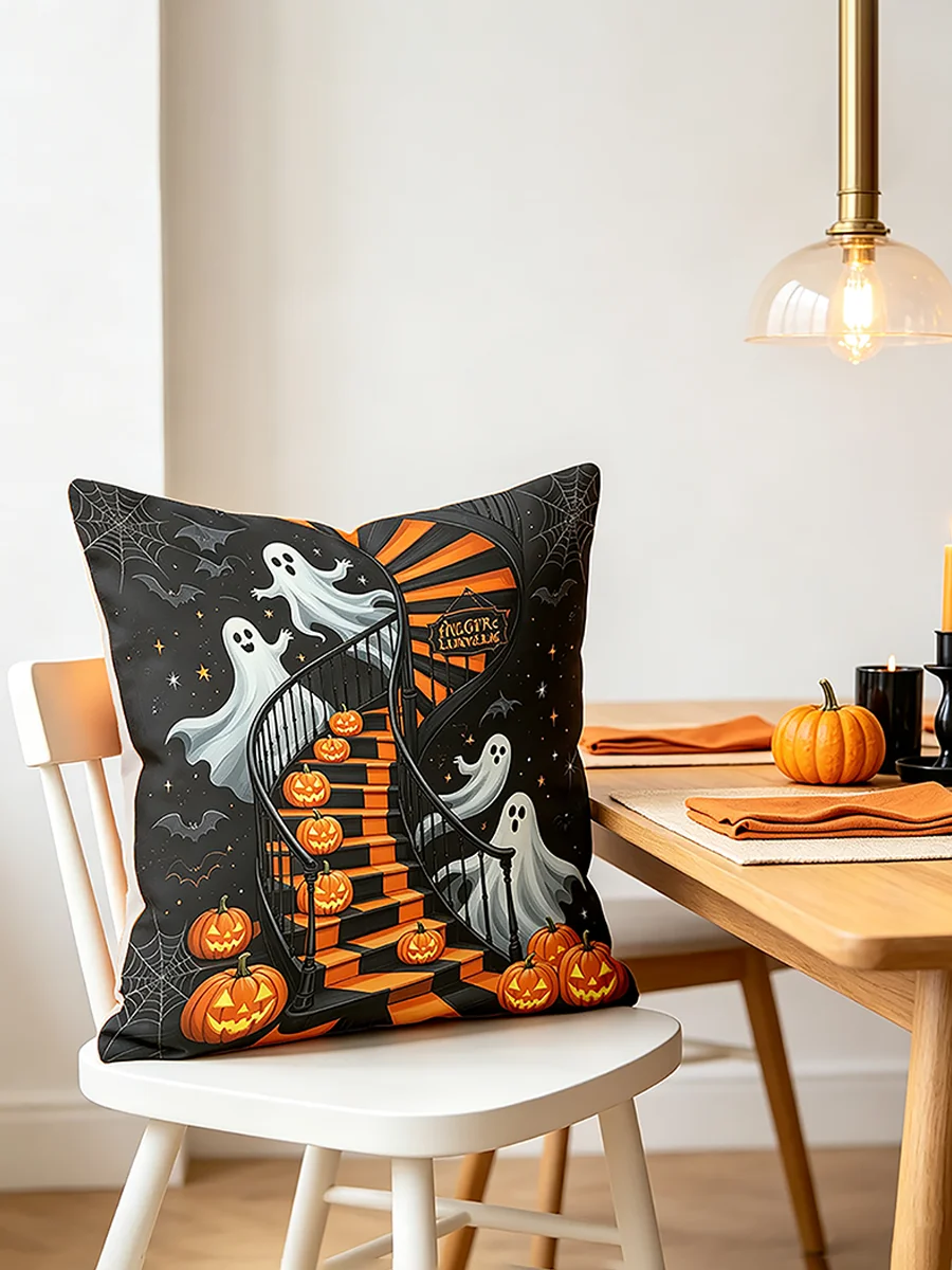 1PCS Digital Print Pillow Covers, Cushion Covers, Spooky Haunted Stairs Ghosts Pumpkins Bats Webs Creepy Halloween Home Decor