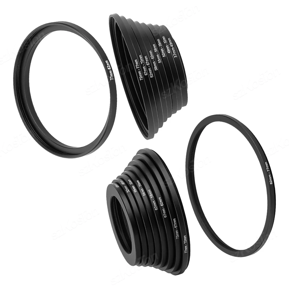 18pcs Filter Step Up Rings Adapter 49-52-55-58-62-67-72-77-82mm 49mm-82mm Step-up Ring Anodized Aluminum Material as Lens Hood