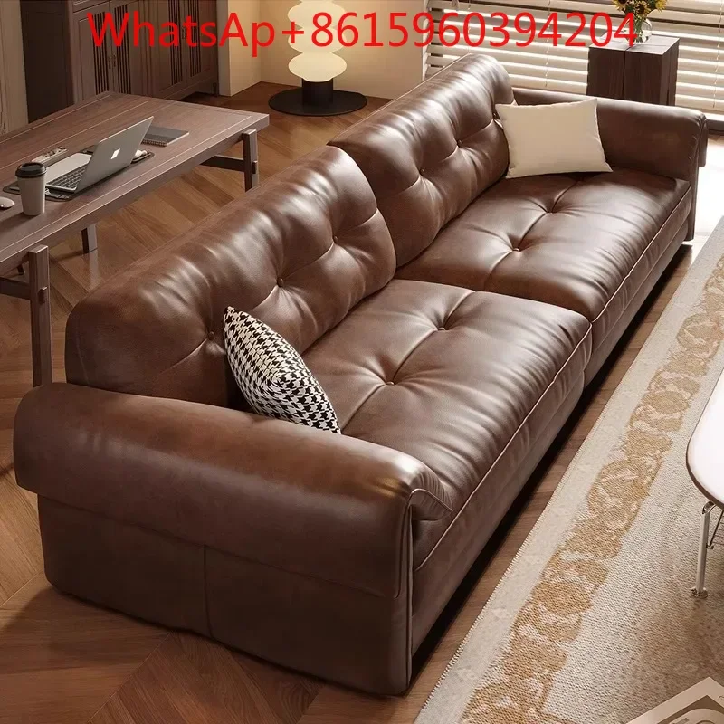 Medieval leather sofa small apartment living room first layer cowhide American retro four-person sofa 2025 new